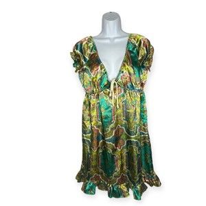 Forreal Satin Tie Top Nightgown Vibrant Paisly L * see measurements*